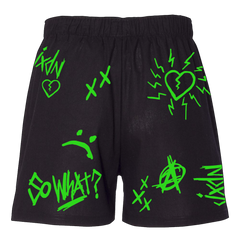 green and black doodle shorts