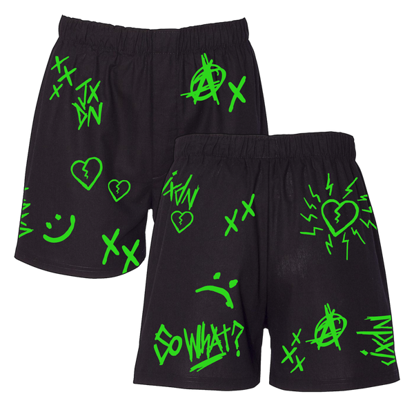 green and black doodle shorts